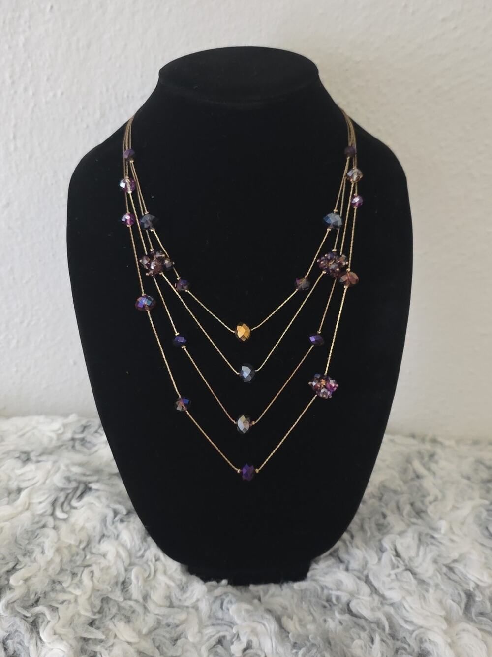 Ali Khan New York Signed Necklace Long Layered Purple Glass Crystals Gold Tone